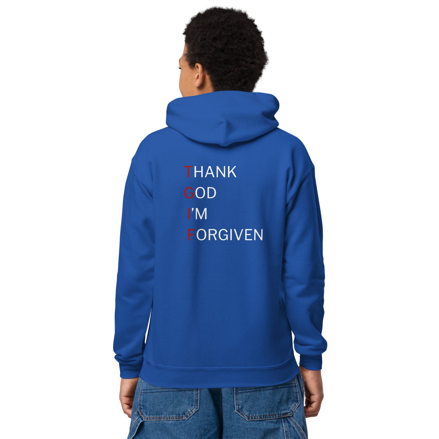 T.G.I.F. Thank God I'm Forgiven Youth Heavy Blend Hoodie - Upward Focus