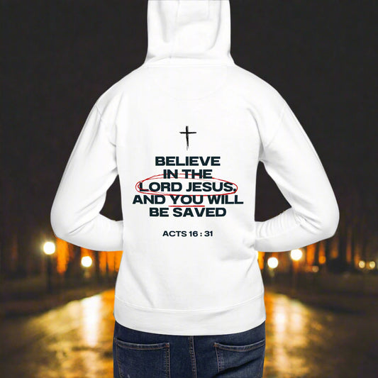 Believe in the Lord Jesus Unisex Hoodie White/Grey